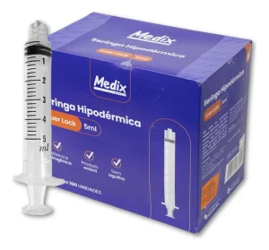 Seringa Hipodérmica Descartável 5 mL Luer Lock Sem Agulha Estéril Medix Unidade