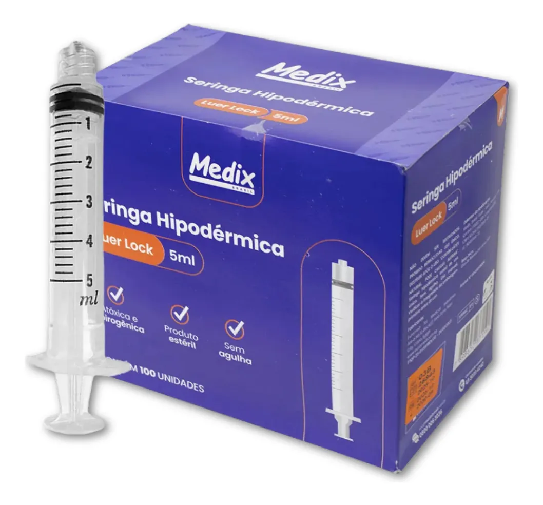 Seringa Hipodérmica Descartável 5 mL Luer Lock Sem Agulha Estéril Medix Unidade